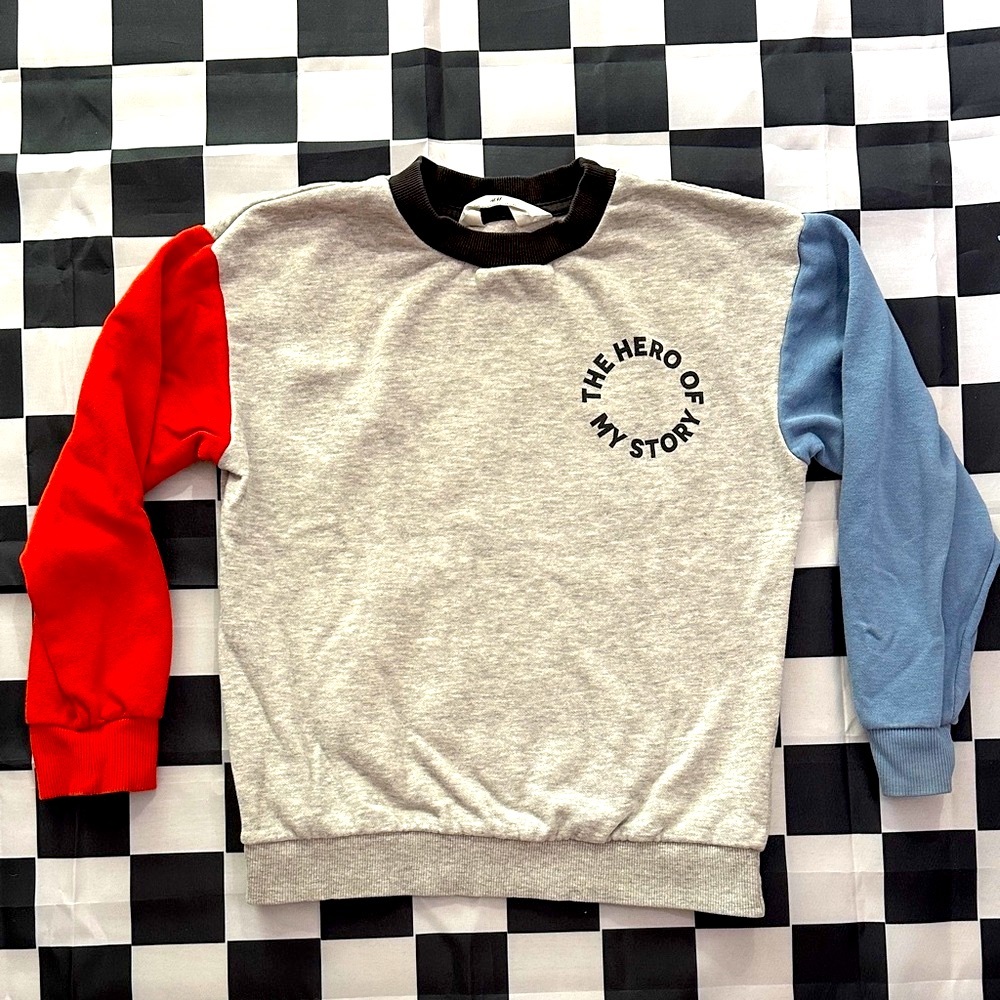 H&M Boys “Hero Of My Own Story” Colorblock Sweatshirt - Gray, Red, Blue 6-7